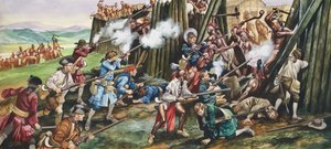 Bestorming van het fort van Neoheroka (gouache op papier) door Ron Embleton