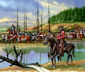 Texaanse cowboys drijven vee naar het noorden door Ron Embleton