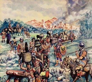 De Spaanse verovering van Mexico (kleurenlitho)