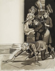 Dominee en vrouwen (gouache op papier)