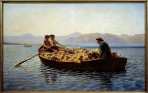 Verandering van grazen. Herders brengen de kudde schapen naar de andere oever. Schilderij door Rosa Bonheur (1822-1899)