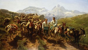 Spaanse muilezeldrijvers die de Pyreneeën oversteken