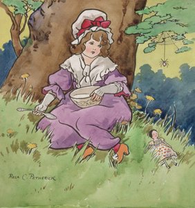 Little Miss Muffet (aquarel over potlood op tekenplank)