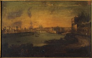 Uitzicht op het Île Saint-Louis en het Île de la Cité, vanaf de punt van het Arsenal, circa 1750 door Roux Le