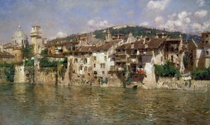 Adige in Verona, door Rubens Santoro (1859-1942), olieverf op doek