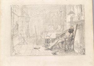Man in leunstoel en dood door deur door Rudolf Hausleithner