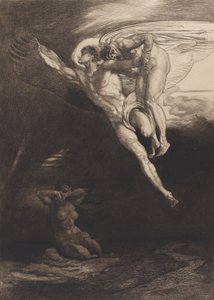 Lucifer draagt Kaïn omhoog in de eindige ruimte, uit Acht etsen over Byron