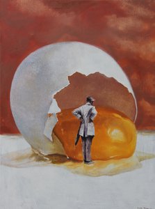 Surrealistische man en reusachtig ei