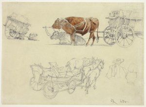 Studies van Slowaakse boerenwagens met ossen en paarden