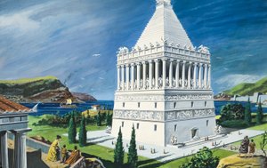 Het Mausoleum in Halicarnassus, voltooid in 353 v.Chr. (gouache op papier) door Ruggero Giovannini