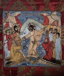De afdaling naar de hel (detail) van een lijkwade, 15e eeuw door Russian Master