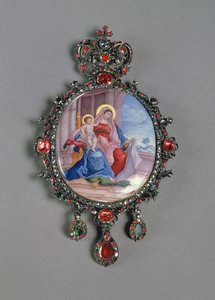 Panagia met miniatuur van Madonna en Kind (geschilderd email en geëmbosseerd zilver met edelstenen)