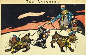 De kapitalisten laten hun honden los, bolsjewistisch propagandamanifest, Russische Revolutie, Rusland, 20e eeuw (ets)