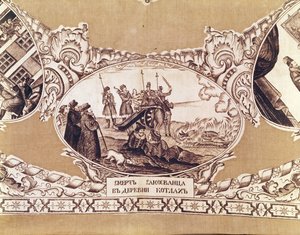 De executie van de Valse Dimitri, detail van een sjaal die de geschiedenis van de koninklijke bedrieger afbeeldt