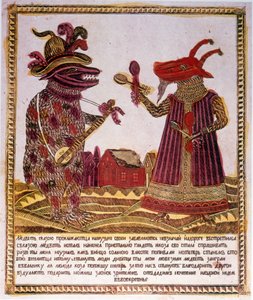 Traditionele kleuren houtsnede Illustratie van een verhaal over een beer en een geit. Russisch ca. 1830 door Russian School