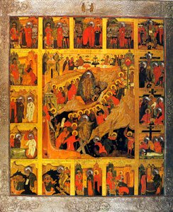 De afdaling naar de hel met de scènes van de passie van Christus door Russian icon.