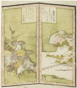 Landschap en Oharame (een vrouw uit Ohara), uit een ongetitelde hexaptych die een paar vouwschermen afbeeldt door Ryuryukyo Shinsai