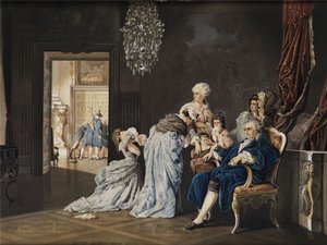 De laatste uren van de Franse koninklijke familie (Lodewijk XVI en Marie Antoinette) in het Louvre voor de komst van de revolutionairen. Aquarel/Gouache op karton. 38 x 51 cm. Rechtsonder gemonogrammeerd 