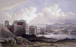 Britannia Buisbrug over de Menai Straits, genomen tijdens de bouw in 1848
