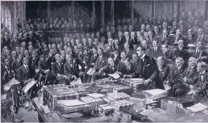 Een van de meest gedenkwaardige gebeurtenissen in de geschiedenis van het Parlement 3 augustus 1914, uit Cassells History of the British People uitgegeven door de Waverley Book Company Limited, c.1940 door S. Begg