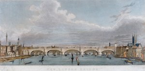 Uitzicht op de London Bridge vanuit het westen met boten op de rivier de Theems door S Rogers