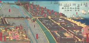 Gedetailleerde Prent van Yokohama Hon-cho en het Miyozaki Plezierkwartier, 4e maand, 1860