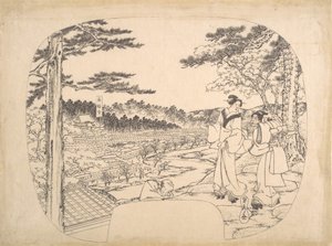 Twee vrouwen bewonderen de bezienswaardigheden vanaf een uitkijkpunt...de Zenpukuji-tempel, 19e eeuw