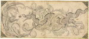 Draak in gebladerte met leeuwen- en fenikskoppen, midden 1500s