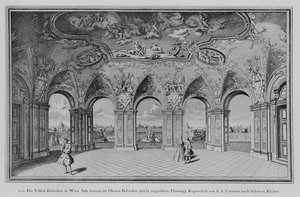 Oberes Belvedere: Sala terrena, onuitgevoerd ontwerp, gegraveerd door Johann August Corvinus (litho)
