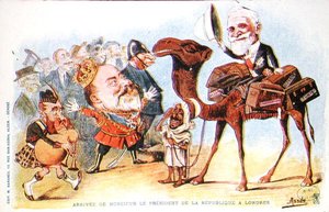 Karikatuur van de aankomst van de president van de Franse Republiek, Emile Loubet, in Londen in 1903 door Salomon Assus