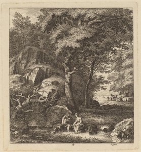 Een Herder en een Jonge Vrouw met Hun Voeten in een Beek door Salomon Gessner