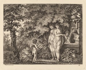 Eros met drie meisjes bij een fontein