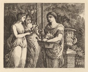 Beeldjesverkoper met twee meisjes door Salomon Gessner