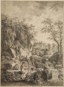 Rotsachtig landschap met een beek. Op de voorgrond een jonge man met een rietfluit en een jonge vrouw door Salomon Gessner