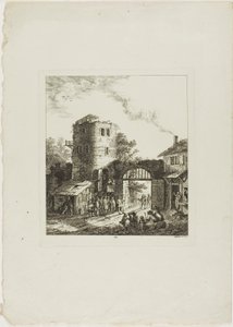 Processie door een rustieke poort door Salomon Gessner