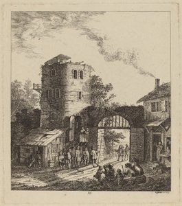 Dorpelingen bij een stadspoort begroeten een hoogwaardigheidsbekleder, 1764