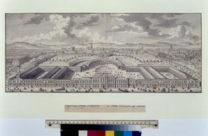 Volledige pagina: vogelvlucht van de keizerlijke stallen naar de voorsteden (pen, penseel en inkt)