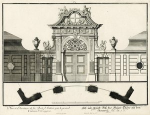 Plattegrond en gevel van de hoofdpoort van het lager gelegen kasteel aan de Rennweg door Salomon Kleiner