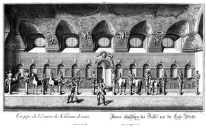 Interieur van de stal voor de lijfpaarden door Salomon Kleiner