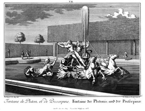 Uitzicht op de fontein van Pluto en Proserpina