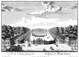 Uitzicht op de hoofdingang en het bovenste kasteel vanuit het zuiden door Salomon Kleiner