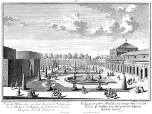 Uitzicht op het onderste kasteel met de aangrenzende tuinparterre