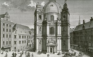 Zicht op de Peterskirche, Wenen gegraveerd door Johann Bernard Hattinger door Salomon Kleiner
