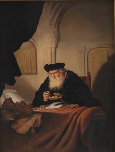 Een oude man die zijn geld telt