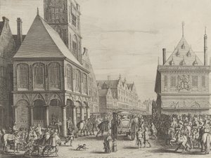 Stadsbestuurders nemen afscheid van Marie de Medici voor het stadhuis, uit Caspar Barlaeu..., 1638