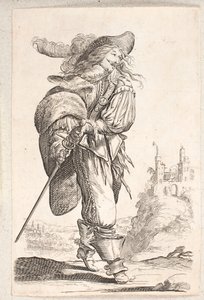 Lopende man, driekwart profiel naar rechts, grijpt naar het zwaard bij zijn heup. Op de achtergrond een kasteel