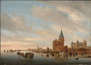 Winterlandschap met ijsplezier voor een Capriccio van de stad Arnhem door Salomon van Ruisdael or Ruysdael