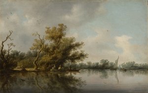 Rivieroever met oude bomen door Salomon van Ruysdael