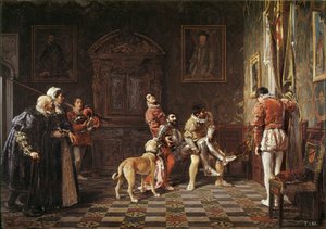 "Terugkeer van het toernooi" Een jonge ridder gewond wordt teruggebracht naar het paleis, ondersteund door twee pages. Schilderij door Salvador Martinez Cubells (1845-1914) 1881 Valencia. Museum van Bellas Artes San Pio door Salvador Martinez Cubells