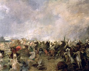 De Slag bij Guadalete detail van de vlucht van de Goten onder bevel van koning Roderik in aanwezigheid van de moslimcavalerie van Tarik Ibn Ziyad, 711 AD (detail)